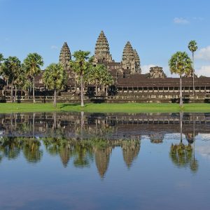 Angkor Wat, Cambodia: a temple reflected in water.